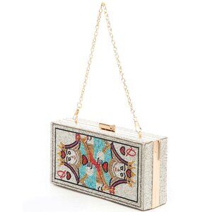 BNWT Brand New Poker Queen Of Heart Rhinestone Box Clutch Evening Box Clutch